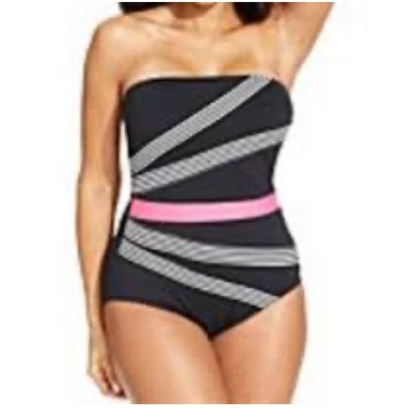 Anne Cole Stripe Bandeau One Piece Swim Suit Black/Pink/White Sz. M Beach - Picture 10 of 11
